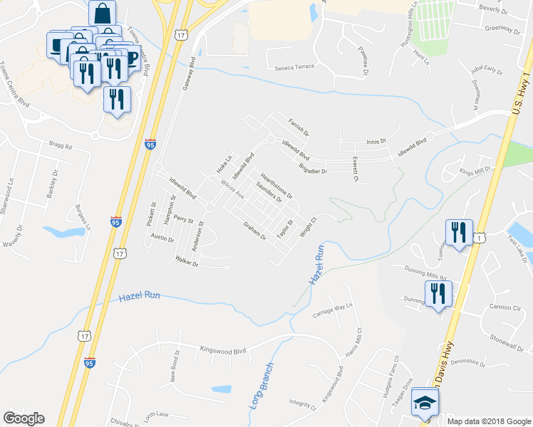 map of restaurants, bars, coffee shops, grocery stores, and more near 1140 Wilcox Avenue in Fredericksburg