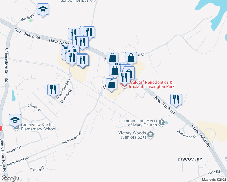 map of restaurants, bars, coffee shops, grocery stores, and more near 46240 Lexington Village Way in Lexington Park