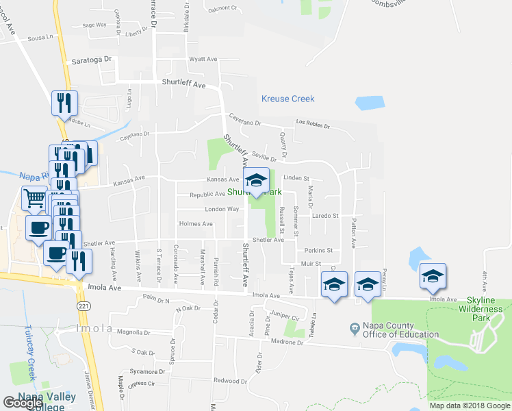 map of restaurants, bars, coffee shops, grocery stores, and more near 1210 Shetler Avenue in Napa
