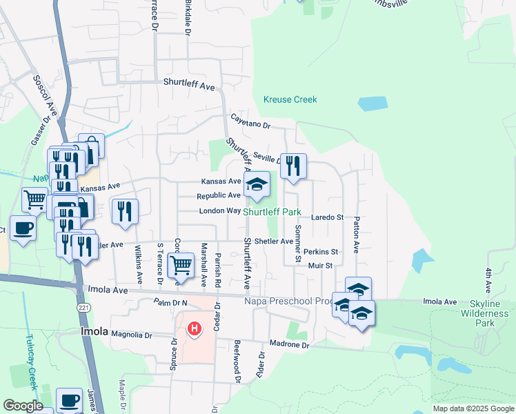 map of restaurants, bars, coffee shops, grocery stores, and more near 1210 Shetler Avenue in Napa