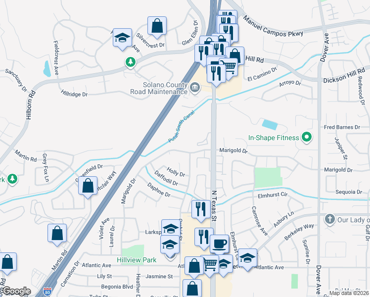 map of restaurants, bars, coffee shops, grocery stores, and more near 3029 Marigold Drive in Fairfield