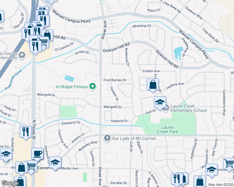 map of restaurants, bars, coffee shops, grocery stores, and more near 772 Dogwood Circle in Fairfield
