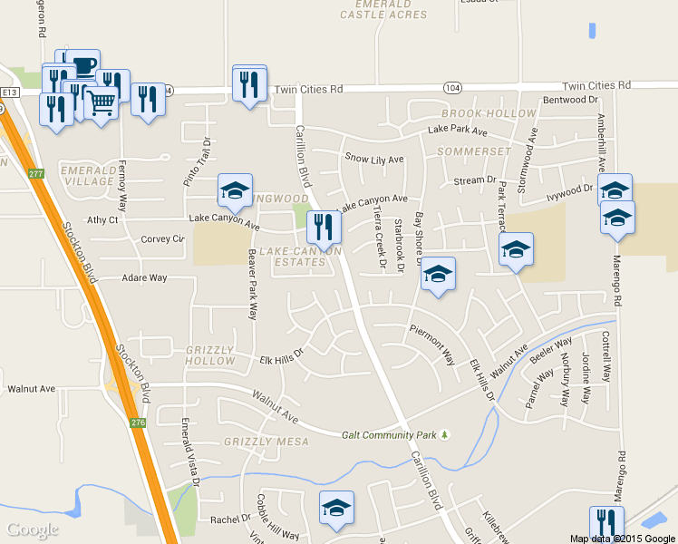 map of restaurants, bars, coffee shops, grocery stores, and more near 986 Cedar Canyon Circle in Galt
