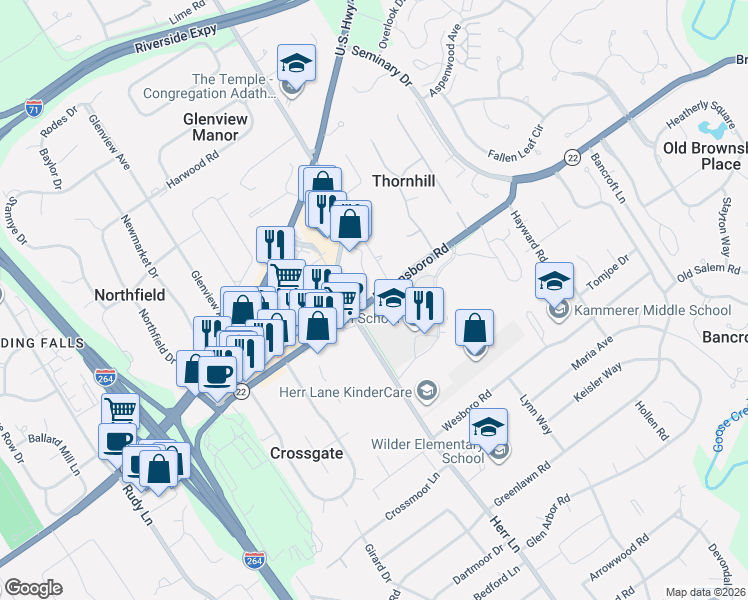 map of restaurants, bars, coffee shops, grocery stores, and more near 2321 Lime Kiln Lane in Louisville