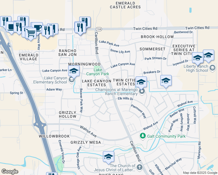 map of restaurants, bars, coffee shops, grocery stores, and more near 994 Cedar Canyon Circle in Galt