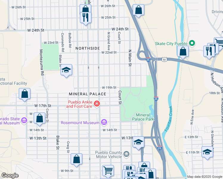map of restaurants, bars, coffee shops, grocery stores, and more near 1822 North Grand Avenue in Pueblo