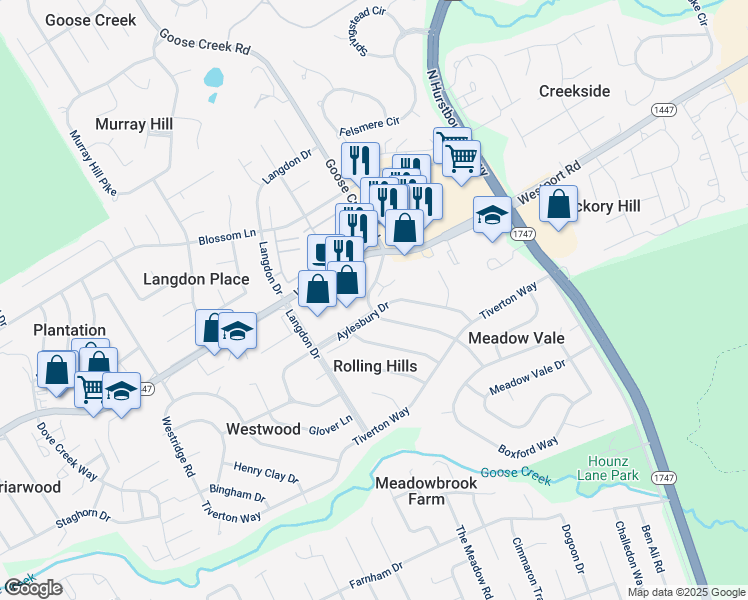 map of restaurants, bars, coffee shops, grocery stores, and more near 2829 Goose Creek Road in Louisville