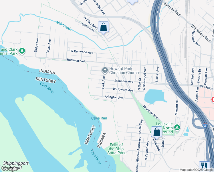 map of restaurants, bars, coffee shops, grocery stores, and more near 501 West Howard Avenue in Clarksville