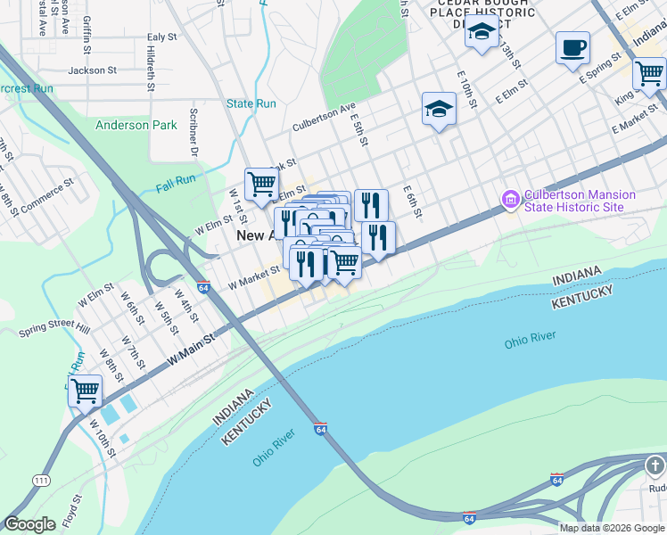 map of restaurants, bars, coffee shops, grocery stores, and more near 205 Bank Street in New Albany