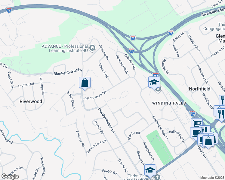 map of restaurants, bars, coffee shops, grocery stores, and more near 5314 Hempstead Road in Louisville