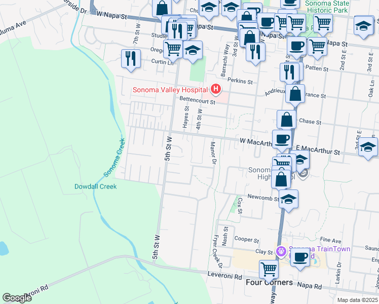 map of restaurants, bars, coffee shops, grocery stores, and more near 920 5th Street West in Sonoma