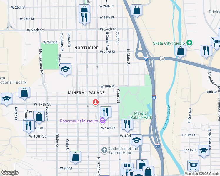 map of restaurants, bars, coffee shops, grocery stores, and more near 1822 North Grand Avenue in Pueblo