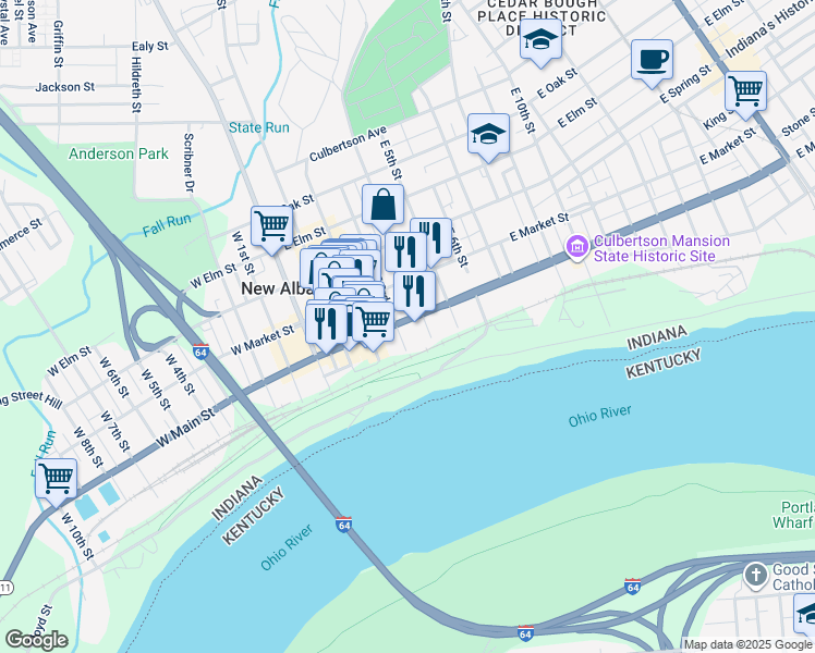 map of restaurants, bars, coffee shops, grocery stores, and more near 310 East Main Street in New Albany
