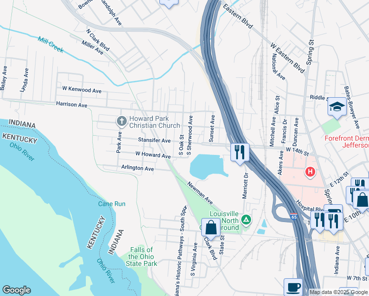 map of restaurants, bars, coffee shops, grocery stores, and more near 308 South Oak Street in Clarksville