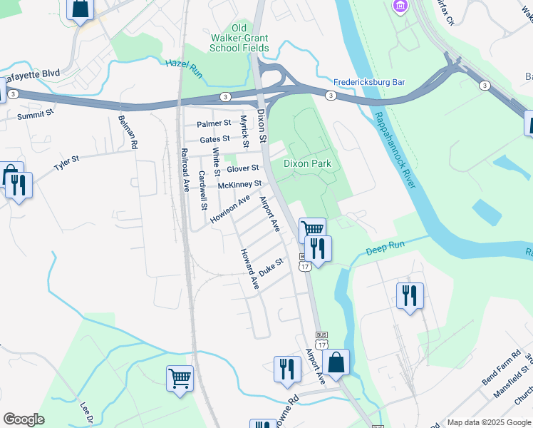 map of restaurants, bars, coffee shops, grocery stores, and more near 1406 Airport Avenue in Fredericksburg