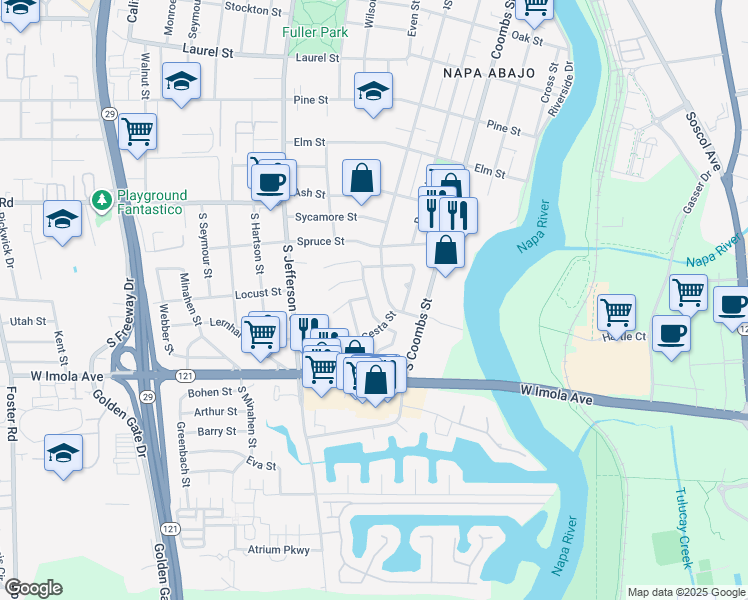 map of restaurants, bars, coffee shops, grocery stores, and more near 1310 Hemlock Street in Napa
