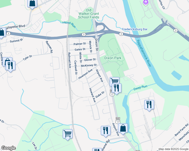 map of restaurants, bars, coffee shops, grocery stores, and more near 202 Mayfield Avenue in Fredericksburg