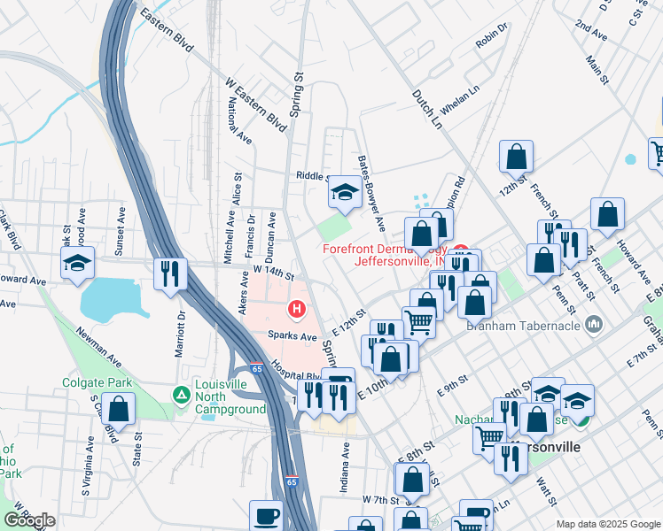 map of restaurants, bars, coffee shops, grocery stores, and more near 1306 Wall Street in Jeffersonville