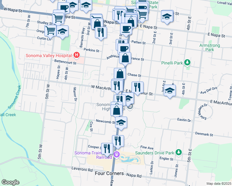 map of restaurants, bars, coffee shops, grocery stores, and more near 920 1st Street West in Sonoma