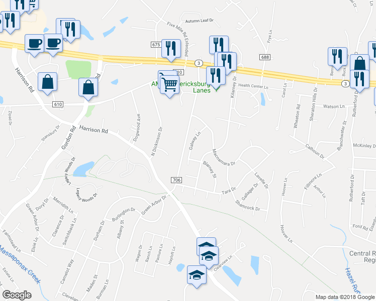 map of restaurants, bars, coffee shops, grocery stores, and more near 812 Galway Lane in Fredericksburg