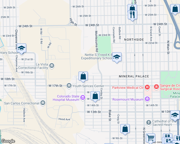 map of restaurants, bars, coffee shops, grocery stores, and more near 1826 Francisco Street in Pueblo