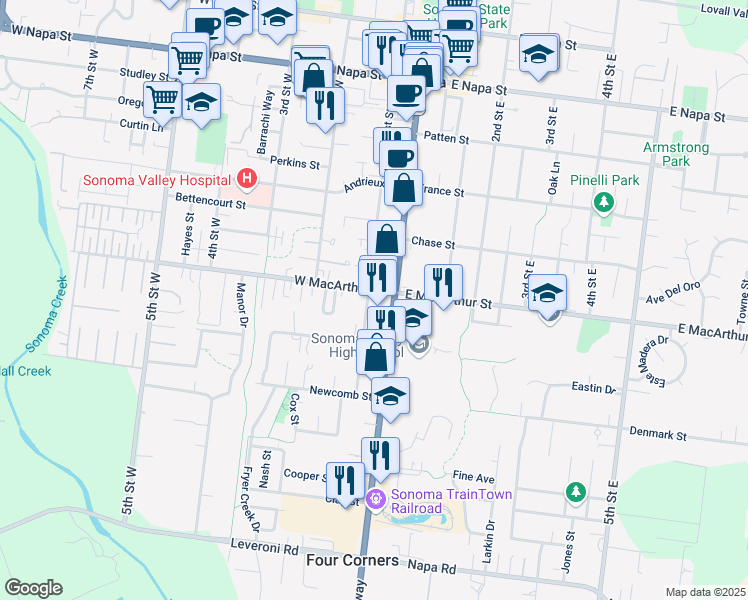 map of restaurants, bars, coffee shops, grocery stores, and more near 920 1st St W in Sonoma