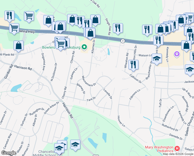 map of restaurants, bars, coffee shops, grocery stores, and more near 5072 Macnamara Drive in Fredericksburg