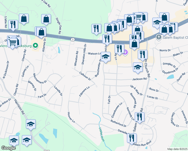 map of restaurants, bars, coffee shops, grocery stores, and more near 11904 Branchwater Street in Fredericksburg