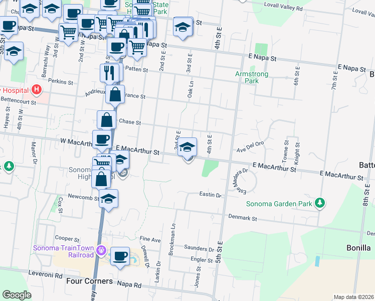 map of restaurants, bars, coffee shops, grocery stores, and more near 879 Oak Lane in Sonoma