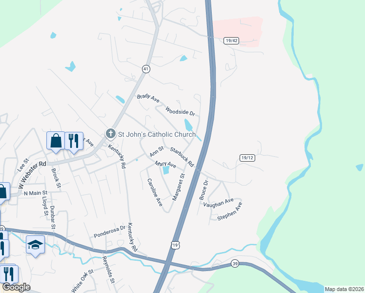 map of restaurants, bars, coffee shops, grocery stores, and more near 351 Starbuck Road in Summersville