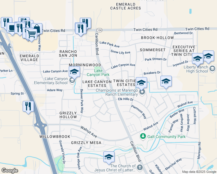 map of restaurants, bars, coffee shops, grocery stores, and more near 994 Cedar Canyon Circle in Galt