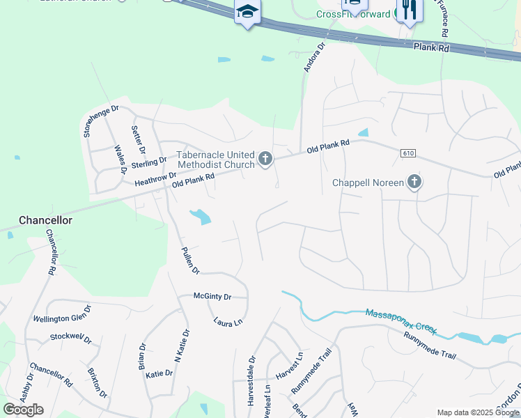 map of restaurants, bars, coffee shops, grocery stores, and more near 11910 Hunting Ridge Drive in Fredericksburg