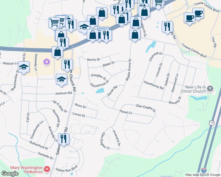 map of restaurants, bars, coffee shops, grocery stores, and more near 3912 Doran Road in Fredericksburg