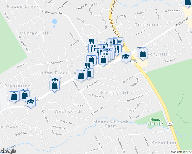 map of restaurants, bars, coffee shops, grocery stores, and more near 2829 Goose Creek Road in Louisville