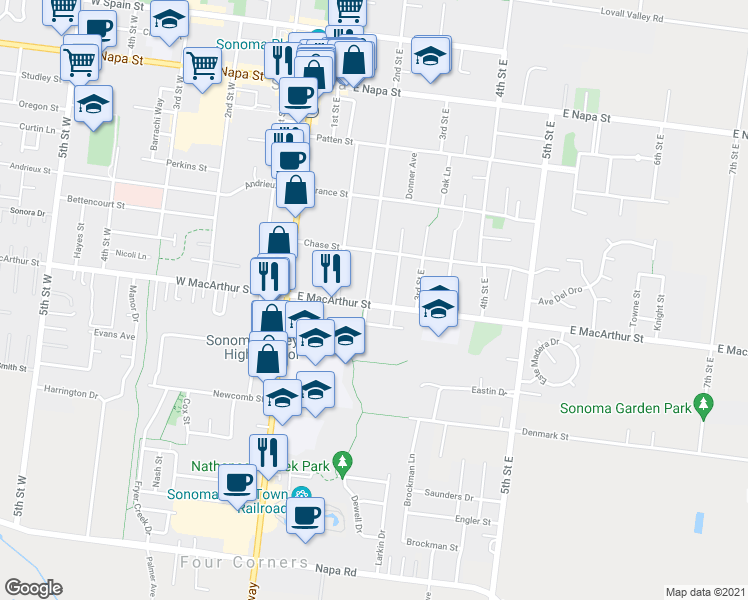 map of restaurants, bars, coffee shops, grocery stores, and more near 894 2nd Street East in Sonoma