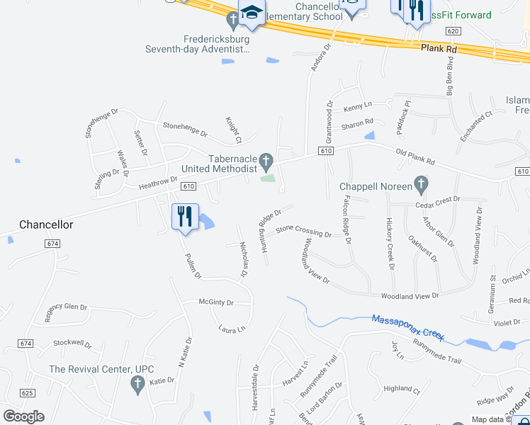 map of restaurants, bars, coffee shops, grocery stores, and more near 11910 Hunting Ridge Drive in Fredericksburg