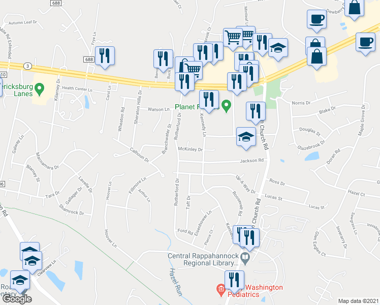 map of restaurants, bars, coffee shops, grocery stores, and more near 5818 McKinley Drive in Fredericksburg
