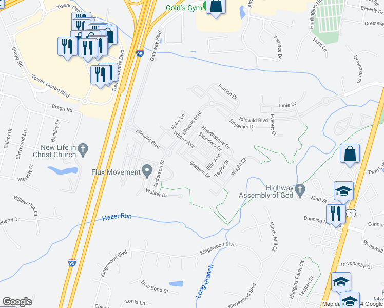 map of restaurants, bars, coffee shops, grocery stores, and more near 1410 Wilcox Avenue in Fredericksburg