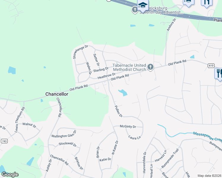 map of restaurants, bars, coffee shops, grocery stores, and more near 7103 Pullen Drive in Fredericksburg