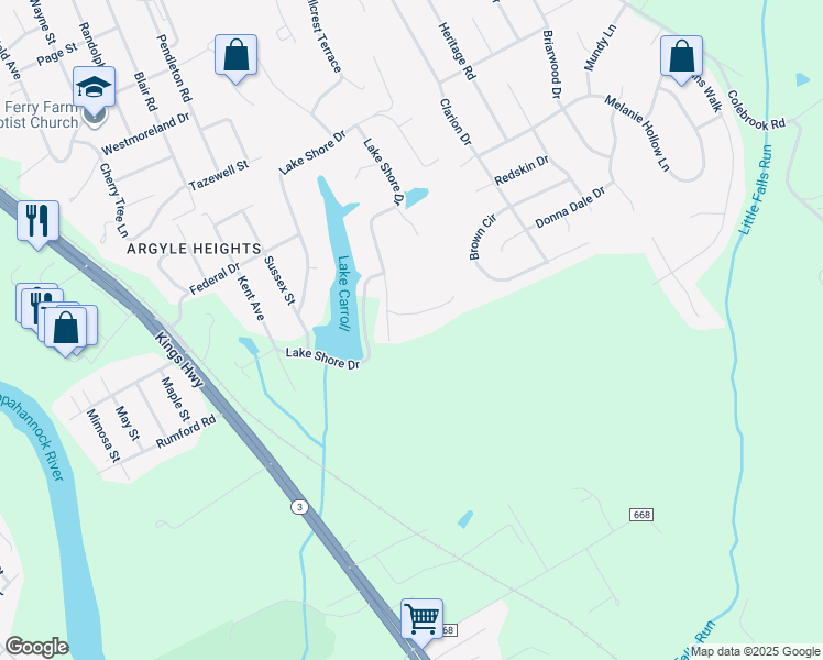 map of restaurants, bars, coffee shops, grocery stores, and more near 107 Carroll Circle in Fredericksburg