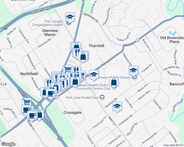 map of restaurants, bars, coffee shops, grocery stores, and more near 6006 Brownsboro Road in Louisville