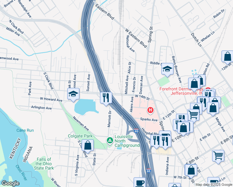 map of restaurants, bars, coffee shops, grocery stores, and more near 435 East Stansifer Avenue in Clarksville