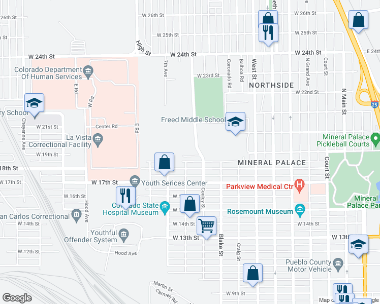 map of restaurants, bars, coffee shops, grocery stores, and more near 1015 West 19th Street in Pueblo