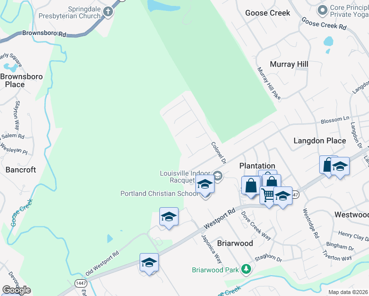 map of restaurants, bars, coffee shops, grocery stores, and more near 2504 Rhett Court in Louisville