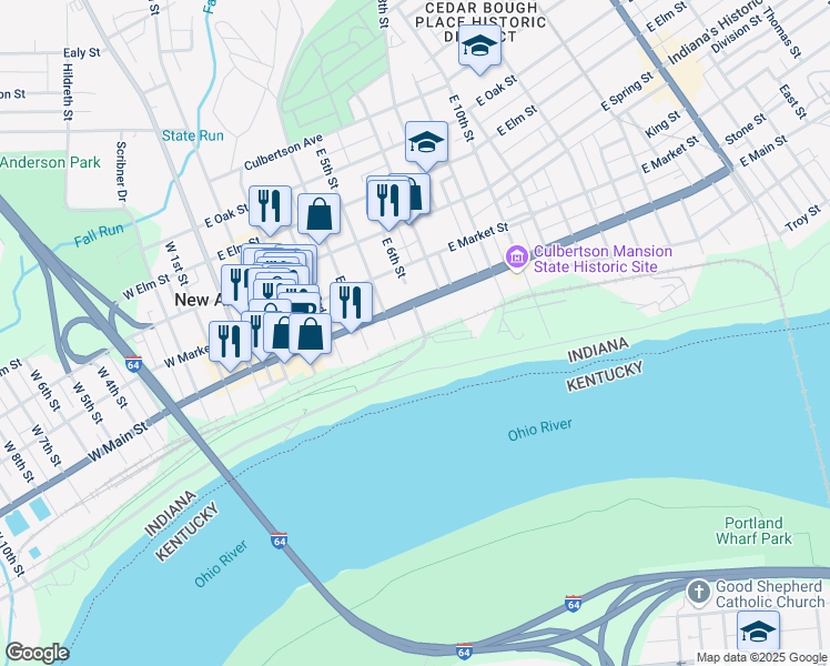 map of restaurants, bars, coffee shops, grocery stores, and more near 35 East 6th Street in New Albany