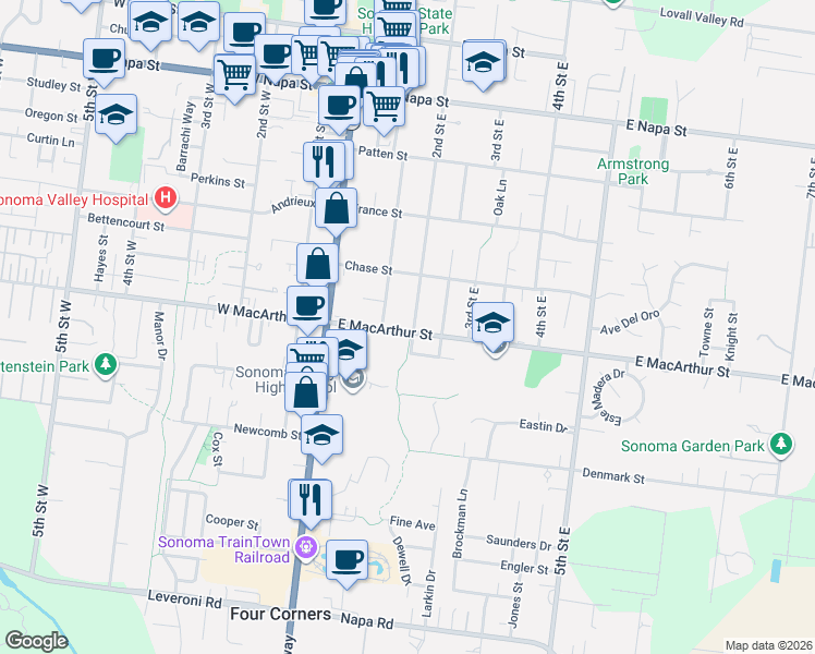 map of restaurants, bars, coffee shops, grocery stores, and more near 894 2nd Street East in Sonoma