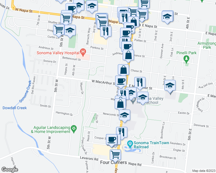 map of restaurants, bars, coffee shops, grocery stores, and more near 913 Boccoli Street in Sonoma
