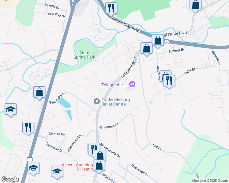 map of restaurants, bars, coffee shops, grocery stores, and more near 118 Adair Street in Fredericksburg