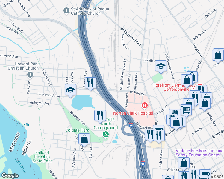 map of restaurants, bars, coffee shops, grocery stores, and more near 435 East Stansifer Avenue in Clarksville