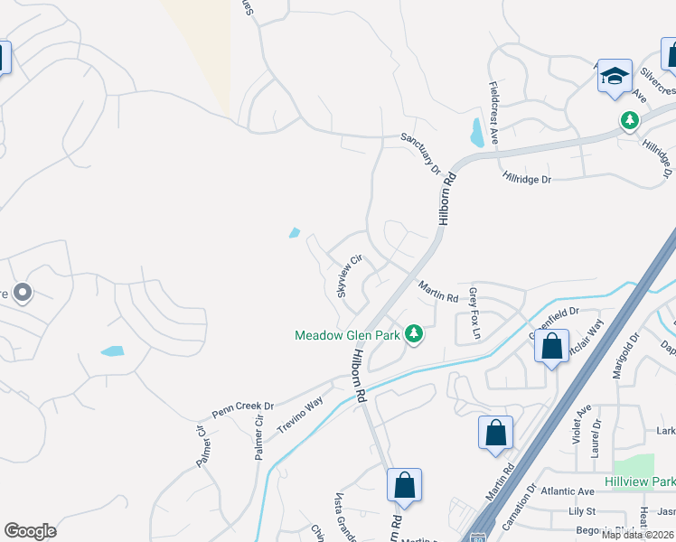 map of restaurants, bars, coffee shops, grocery stores, and more near 2501 Longview Drive in Fairfield
